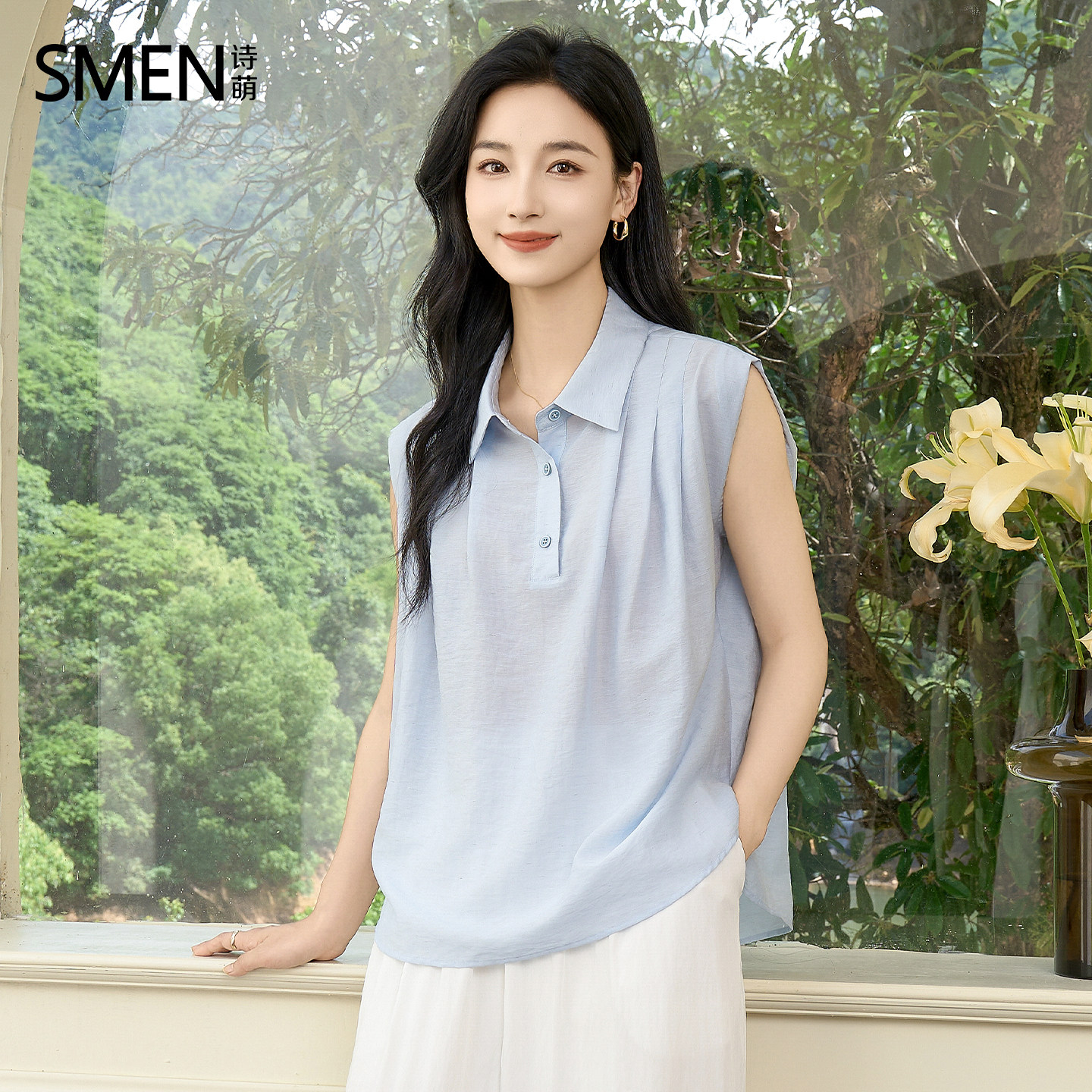 SMEN诗萌法式正肩设计感无袖衬衫