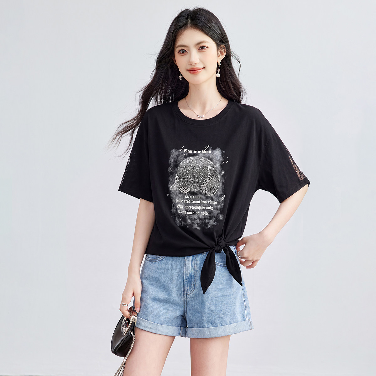 SMEN诗萌夏季蕾丝网纱短袖小衫女