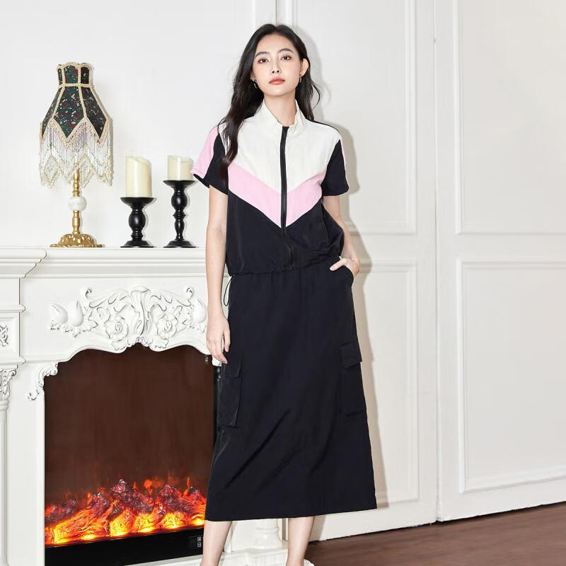 时尚运动休闲套装女夏2024撞色工装风短袖上衣A字长裙两件套