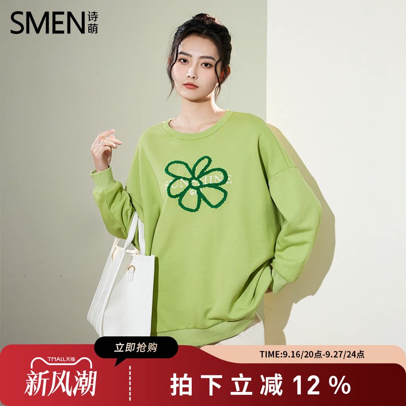 SMEN诗萌复古字母花朵宽松卫衣女