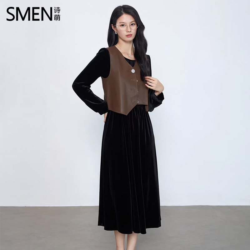 SMEN诗萌秋PU皮质马甲丝绒连衣裙