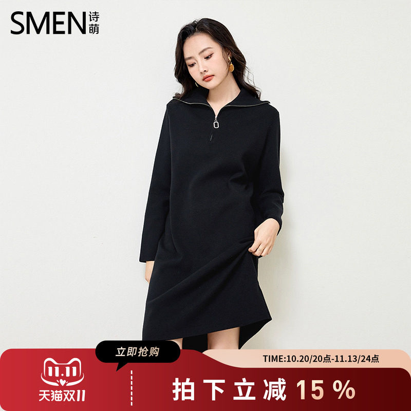 SMEN诗萌针织连衣裙秋冬半拉链裙