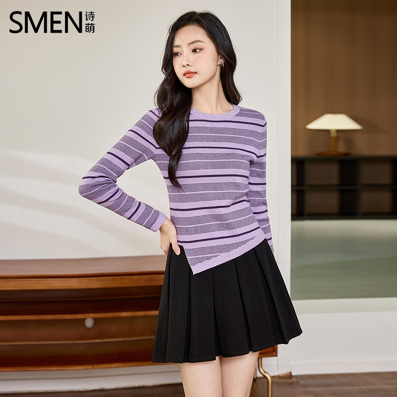 Smen诗萌港风条纹打底衫女2025秋撞色毛衣修身显瘦百搭保暖针织衫