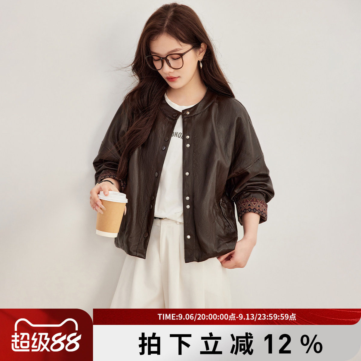 诗萌复古圆领短款宽松皮衣女