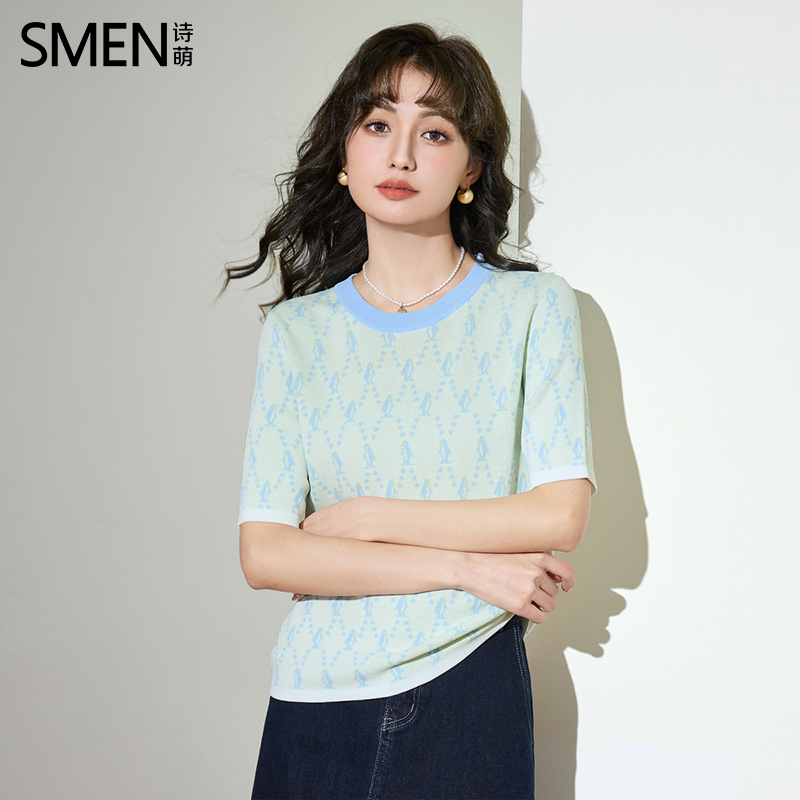 SMEN诗萌法式老花短袖内搭针织衫