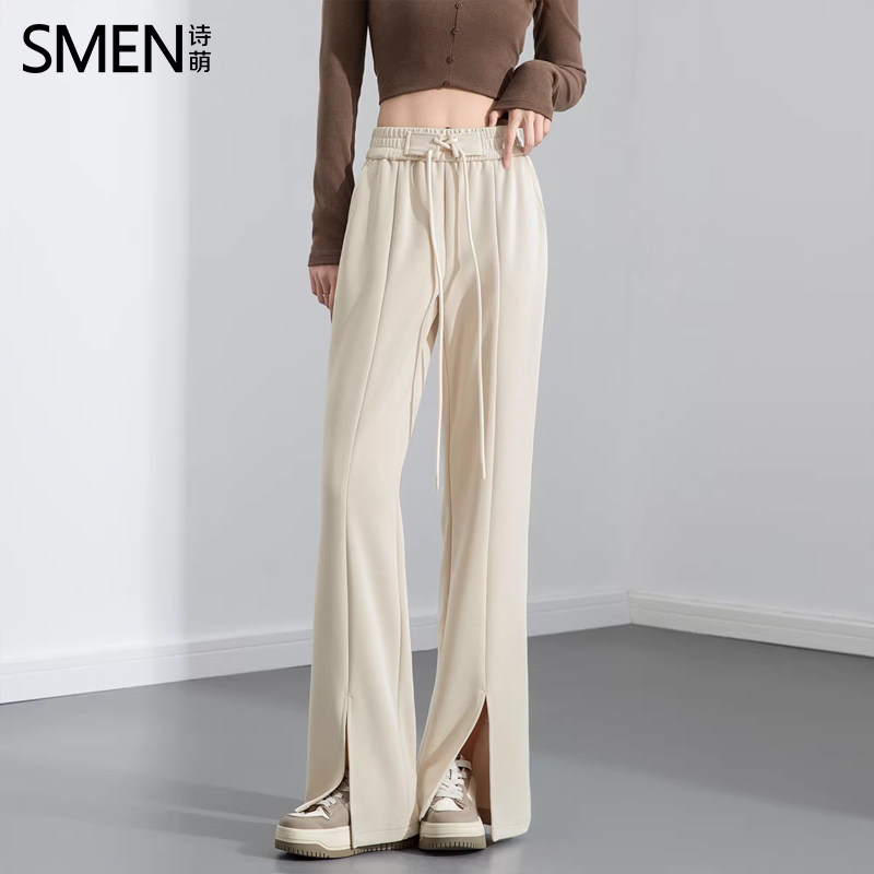SMEN诗萌高腰系带开叉休闲裤女2026春秋垂感显瘦长裤小个子微喇裤