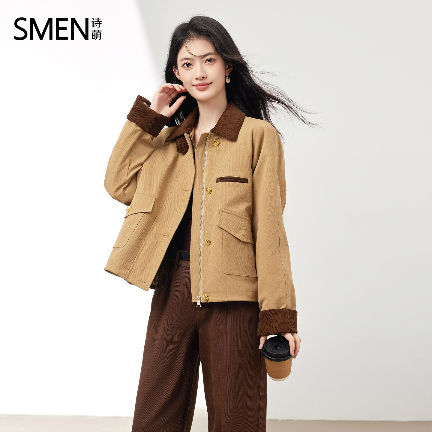 Smen诗萌美式撞色夹棉夹克女2025冬季美拉德穿搭工装棉服保暖外套