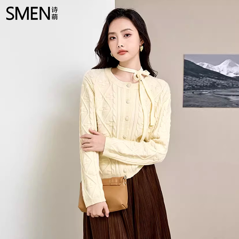 SMEN诗萌秋季氛围感绑带针织开衫