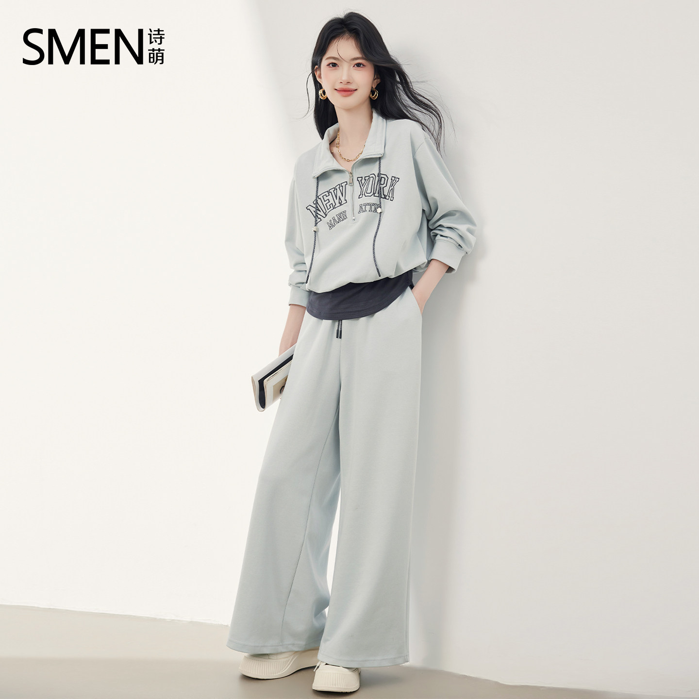 SMEN诗萌休闲慵懒风假两件卫衣套装女2026春装高级感显瘦灰色套装