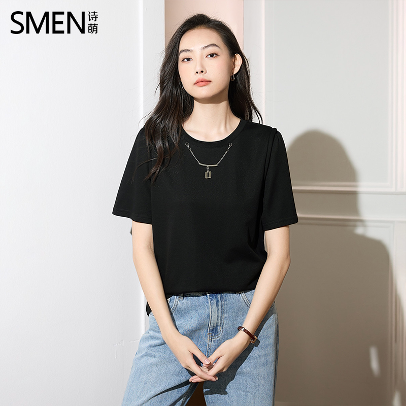 SMEN诗萌夏季垫肩链条短袖T恤女