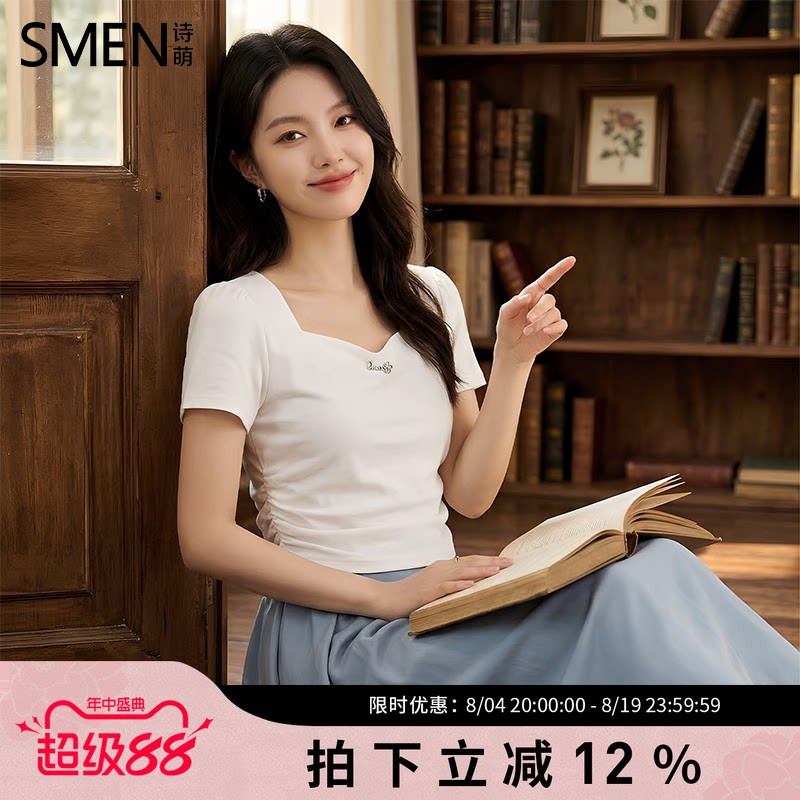 SMEN诗萌方领显瘦纯棉短袖T恤女