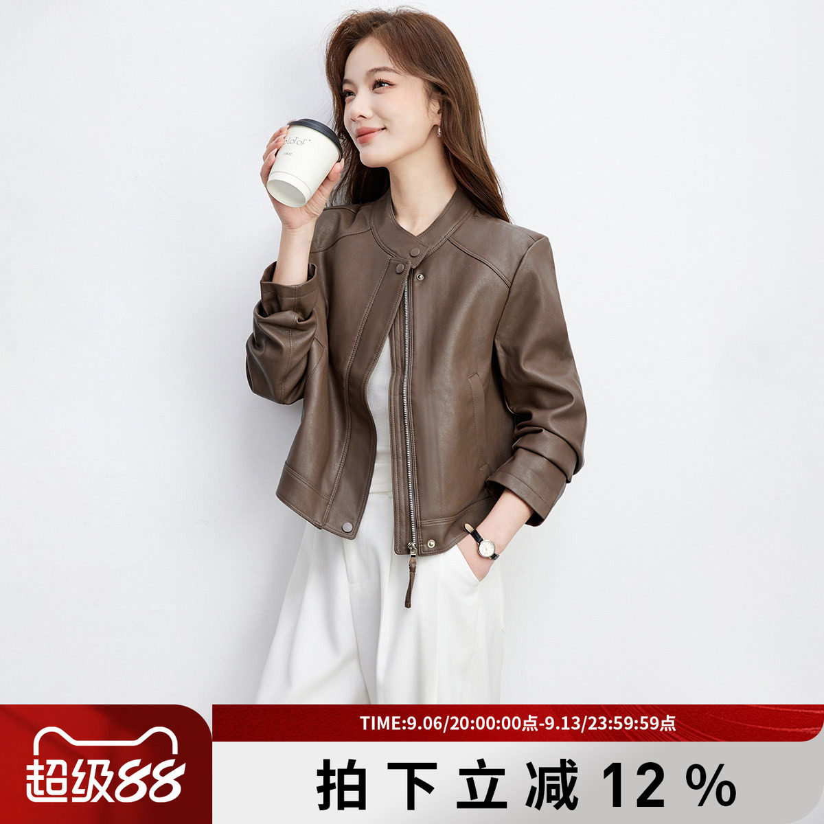 诗萌春秋短款立领机车皮衣小个子