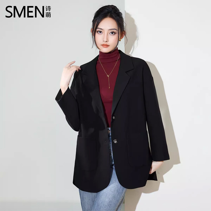 SMEN诗萌简约风黑色西装外套女2026春秋中长款宽松通勤西服上衣女
