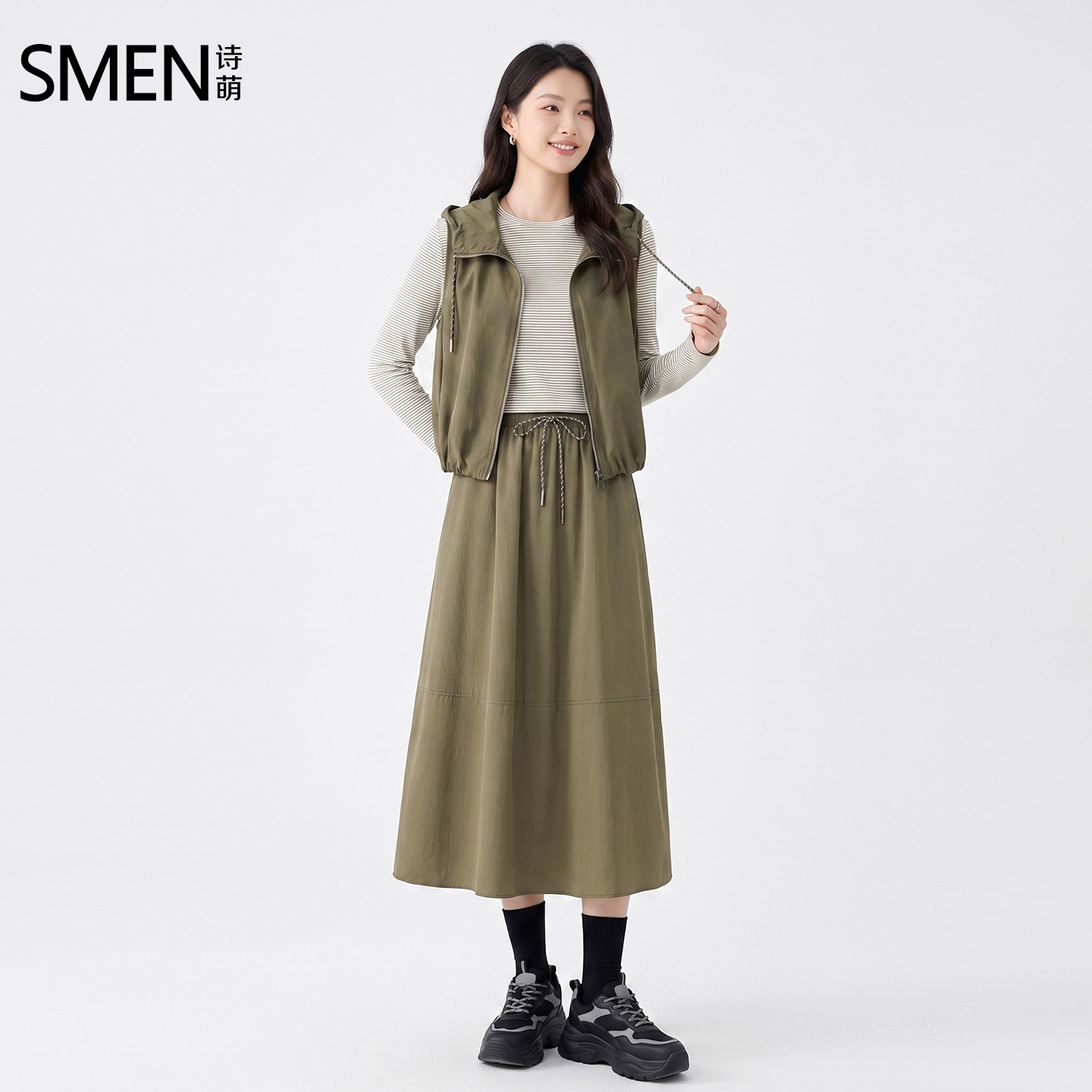 诗萌春秋女军绿工装马甲半裙三件