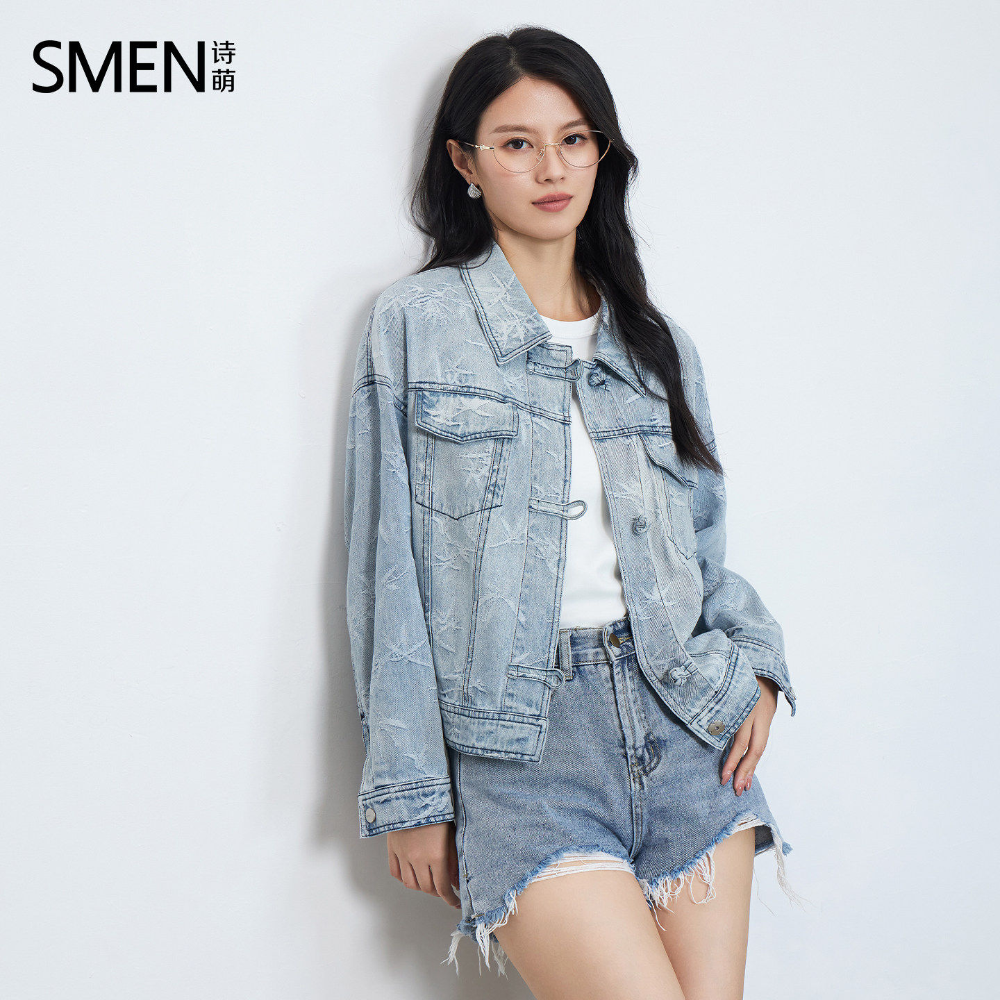 SMEN诗萌2026秋季新品时尚休闲简约水洗牛仔夹克宽松百搭短外套女