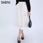 新款 Smen 中国风泼墨图半身裙女2026春季 简约设计感松紧腰a字裙