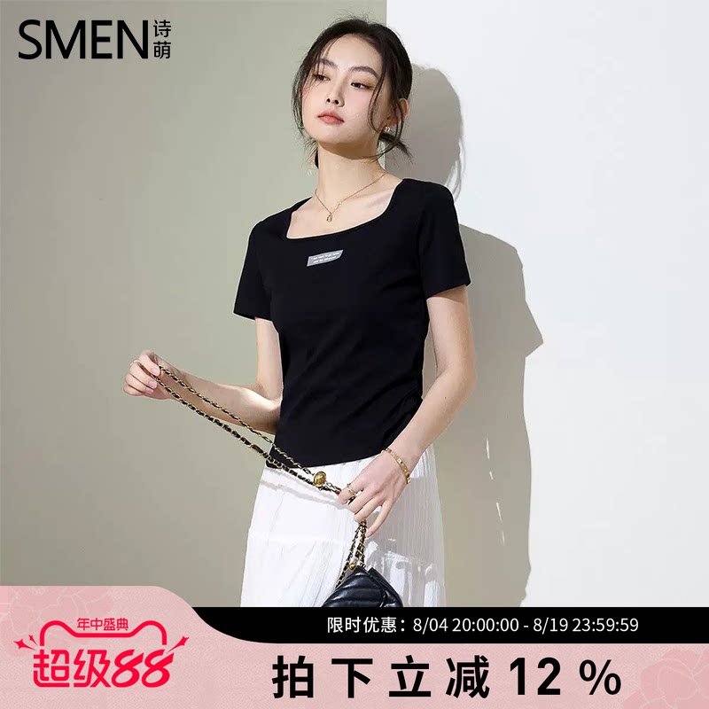 SMEN诗萌夏季方领字母短袖T恤女