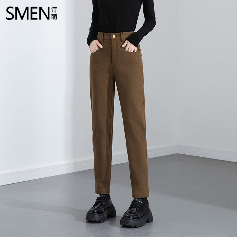 Smen诗萌修身牛仔裤女2025冬季新款自然腰修身显瘦咖啡色铅笔裤
