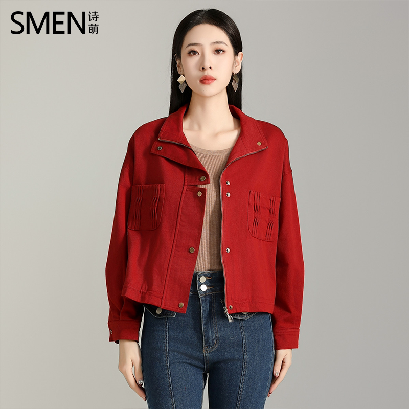 SMEN诗萌短款立领牛仔外套女通勤
