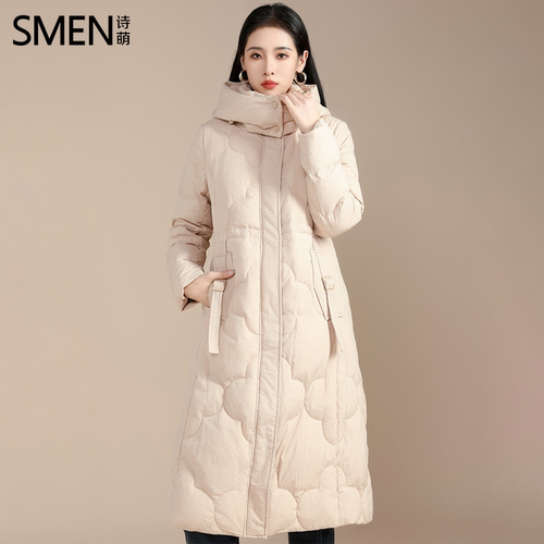 Smen诗萌连帽保暖羽绒服中长