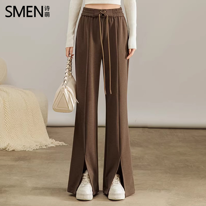 SMEN诗萌高腰系带开叉阔腿裤女2026春秋垂感显瘦休闲裤直筒长裤子
