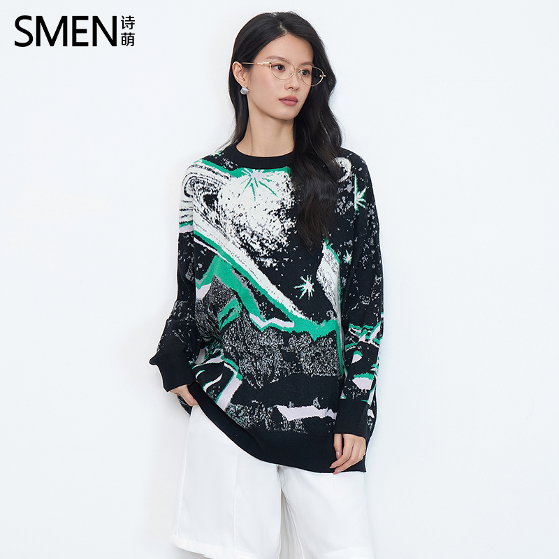 SMEN诗萌秋季印花长袖针织衫女士