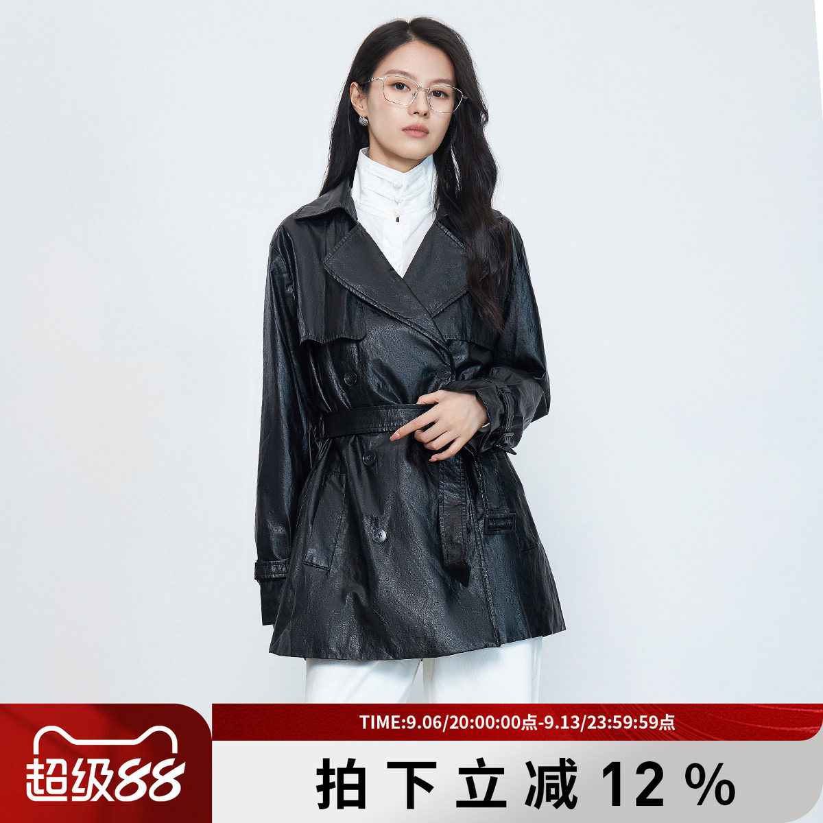 SMEN诗萌秋季黑色修身双排扣皮衣