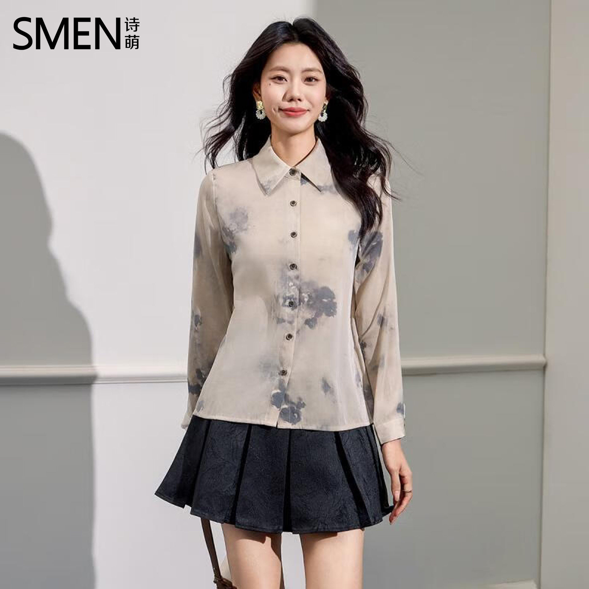 SMEN诗萌新中式水墨晕染长袖衬衫