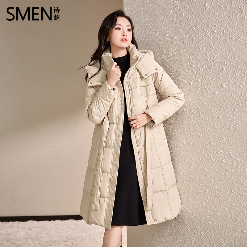 SMEN诗萌过膝连帽宽松保暖羽绒服