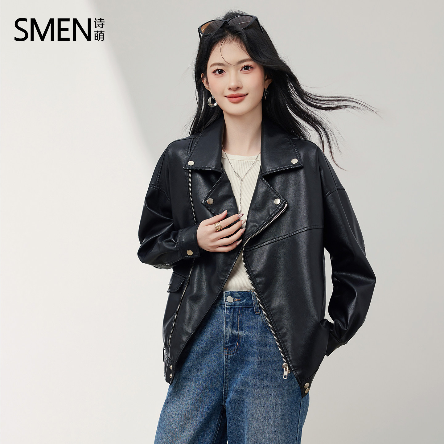 SMEN诗萌复古机车风黑色PU皮夹克女2026春季短款翻领拉链短外套
