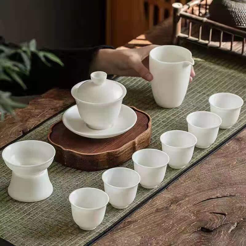 素烧白瓷三才盖碗茶具套装