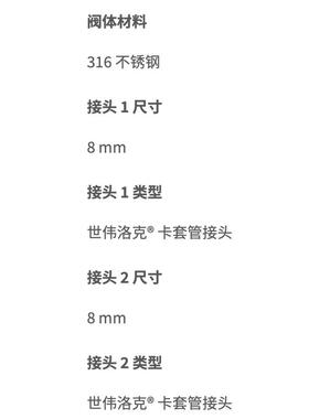 SS-CHS8MM-1不锈钢提升阀芯单向阀8 mm卡套管接头 413bar