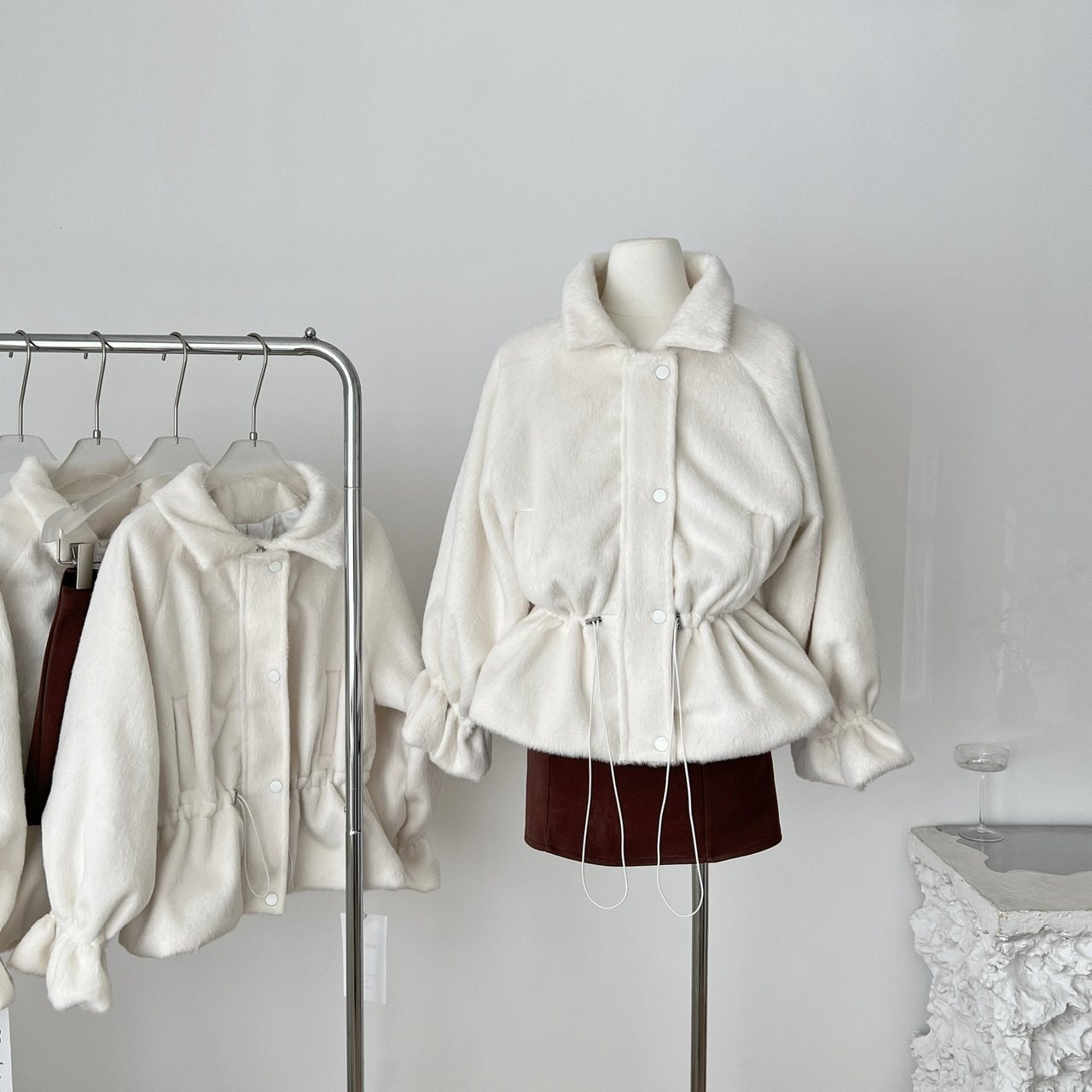 迟伞伞25/fw 白茶之梦 乳白抽绳拉毛oversiezed呢大衣简约外套女