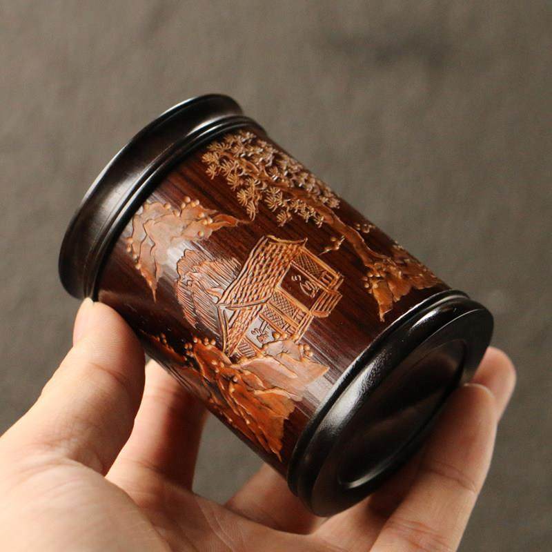 精品纯手工雕刻山水图天然老煤竹茶叶罐竹雕茶仓茶叶筒礼盒包装盒,特色手工艺,竹编/竹雕,淘宝优惠券,粉丝福利购,淘宝优惠卷