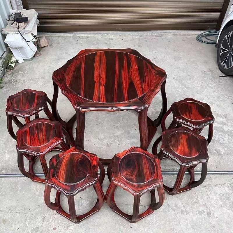 红木家具大红酸枝休闲桌椅组合新中式餐桌黑飘红圆桌六件套无拼补