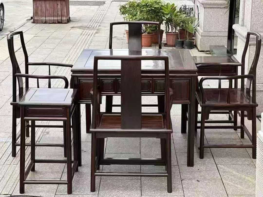 老挝大红酸枝交趾黄檀麻将桌休闲桌七件套打牌桌餐桌清式明式家具