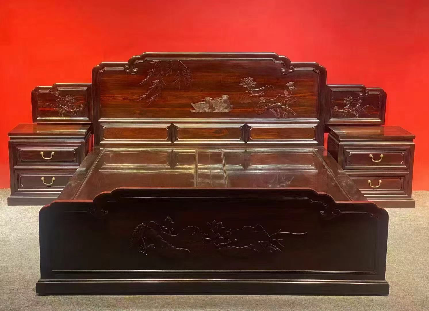 大红酸枝交趾黄檀鸳鸯荷花高低床婚床床头柜三组合全榫卯结构无补
