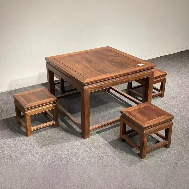 红木家具老挝大红酸枝 餐桌八仙桌交趾黄檀榫卯结构四方餐桌5件套