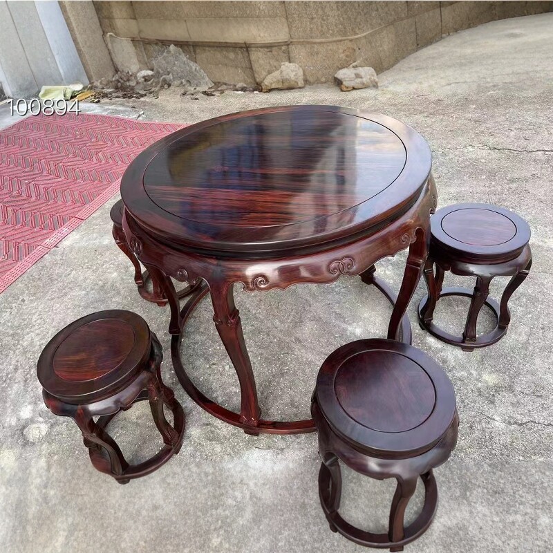 红木家具大红酸枝梅花休闲桌六件套中式实木麻将桌餐桌椅组合无补