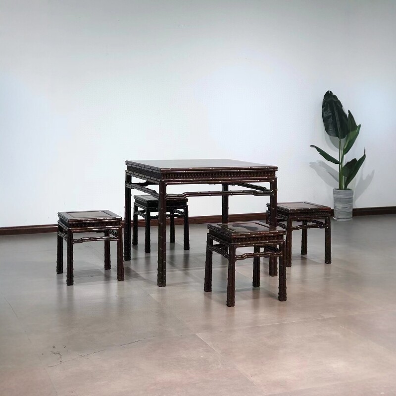 老挝大红酸枝木休闲桌五件套交趾黄檀餐桌茶桌四仙桌古典红木家具