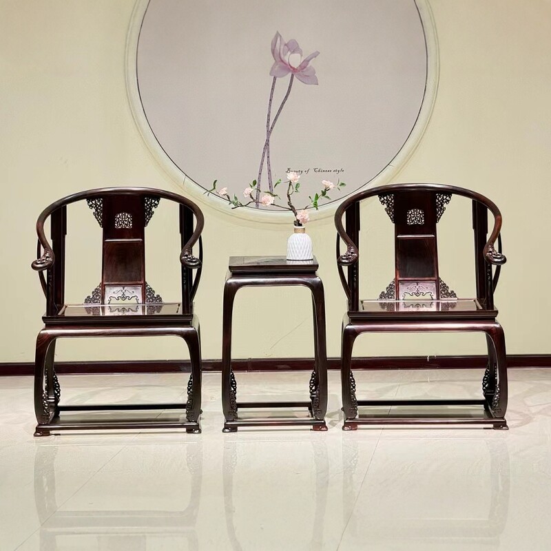 红木家具中式皇宫椅大红酸枝圈椅三件套实木太师围椅圆椅古典家具