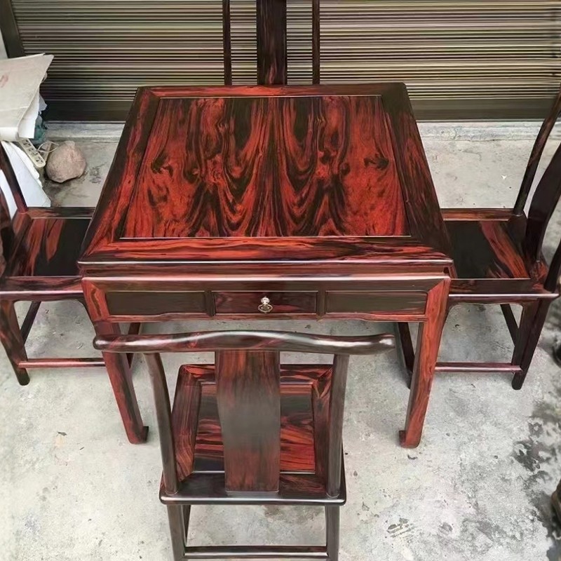 红木家具大红酸枝休闲桌五件套红酸枝会议桌麻将桌交趾黄檀官帽椅