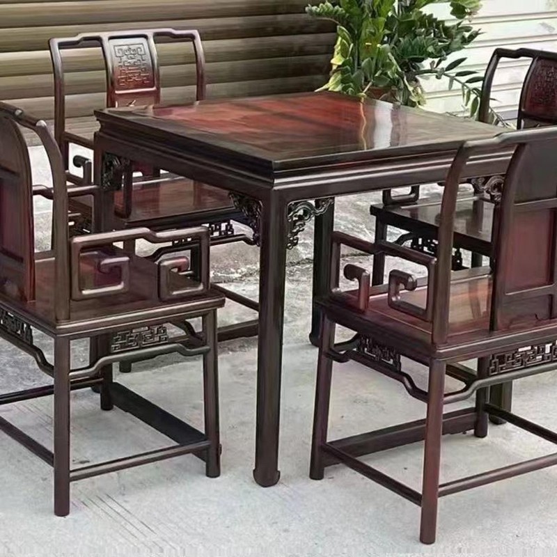 老挝大红酸枝休闲桌交趾黄檀红木餐桌明清古典厚红木茶桌实用收藏