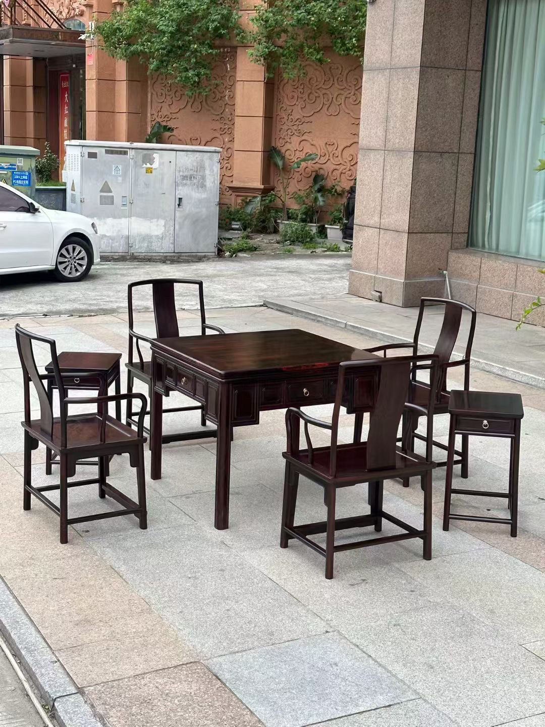 老挝大红酸枝交趾黄檀麻将桌休闲桌五件套打牌桌餐桌清式明式家具