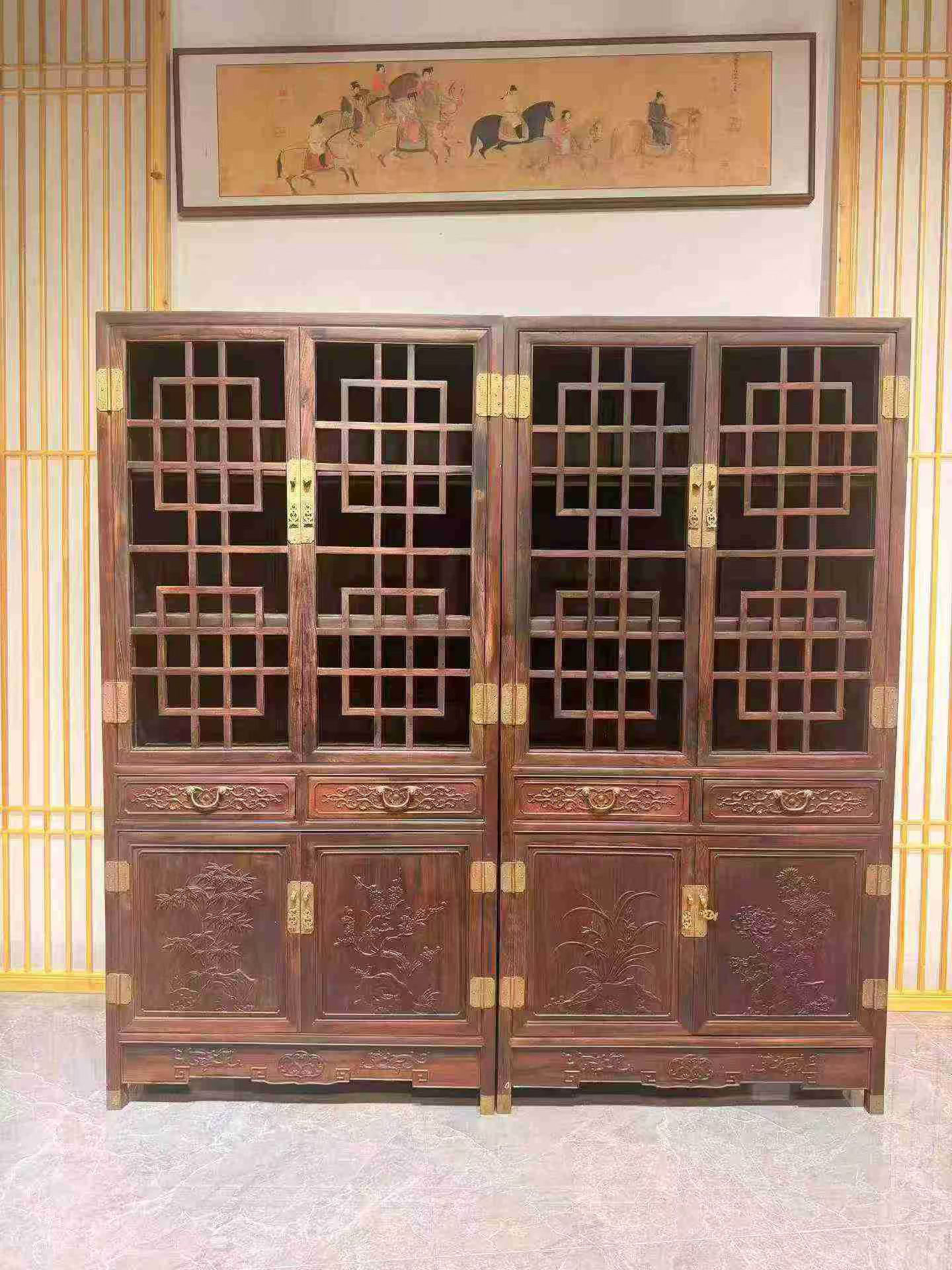 大红酸枝清式梅兰竹菊书柜餐边柜中式储物柜茶水柜收纳柜古典家具