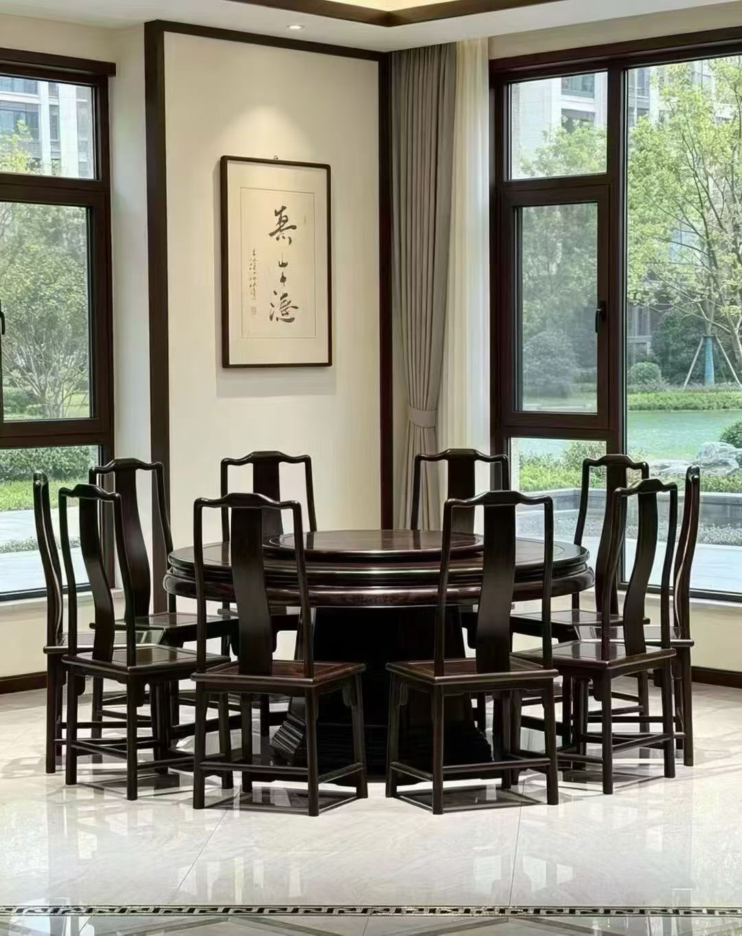 大红酸枝交趾黄檀新中式餐桌椅组合实木家用饭桌现代简约轻奢圆桌