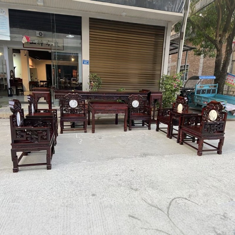 红木家具老挝大红酸枝中堂条案12件套交趾黄檀实木八仙桌灵芝椅供