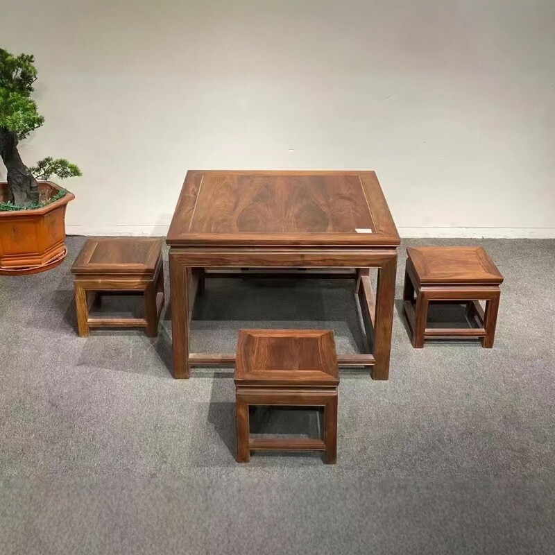 红木家具老挝大红酸枝餐桌八仙桌交趾黄檀 四方餐桌5件套榫卯结构