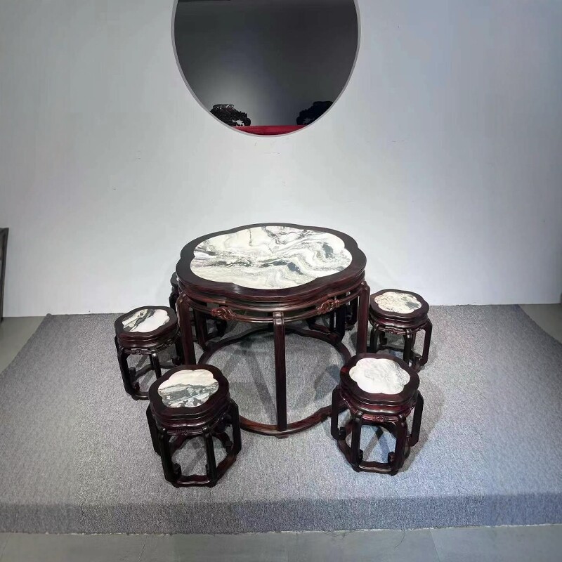 大红酸枝休闲桌椅7件家用镶嵌云石餐椅交趾黄 檀红木实木棋牌茶桌