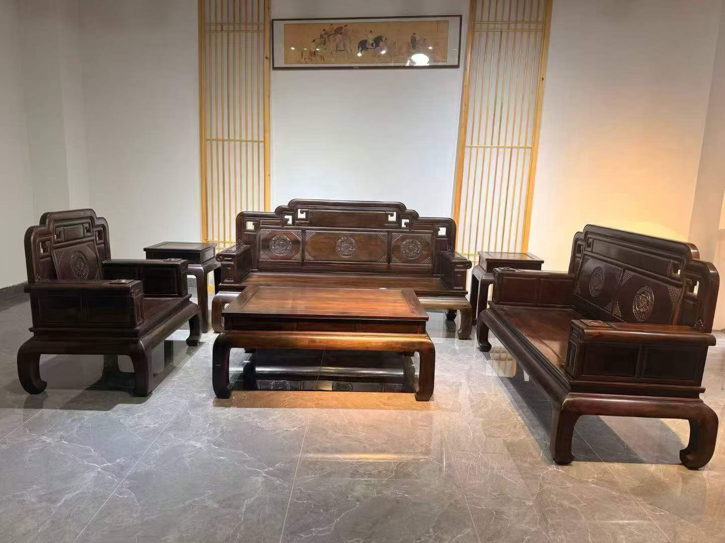 大红酸枝交趾黄檀财源滚滚沙发客厅组合中式全实木家具古典深雕